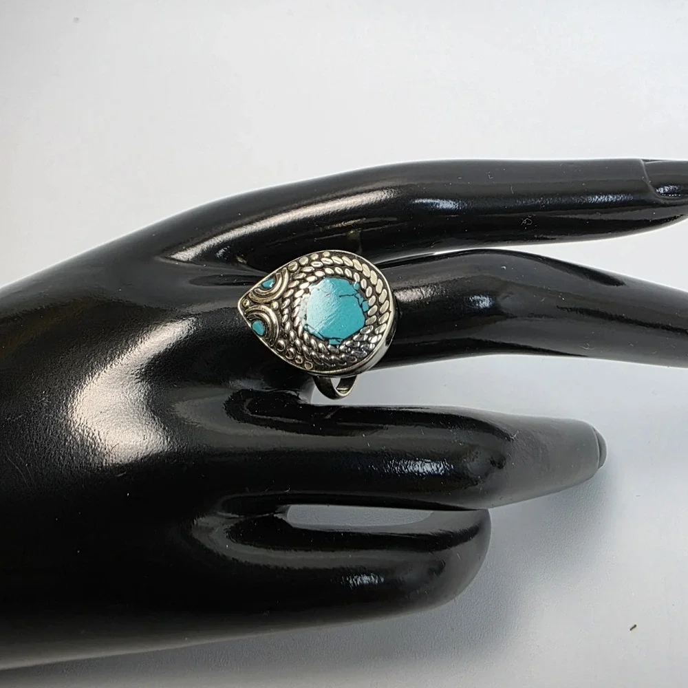 Turquoise Ring Tibetan Handmade Dangle Size 9 Boho Style Southwestern Ethnic New